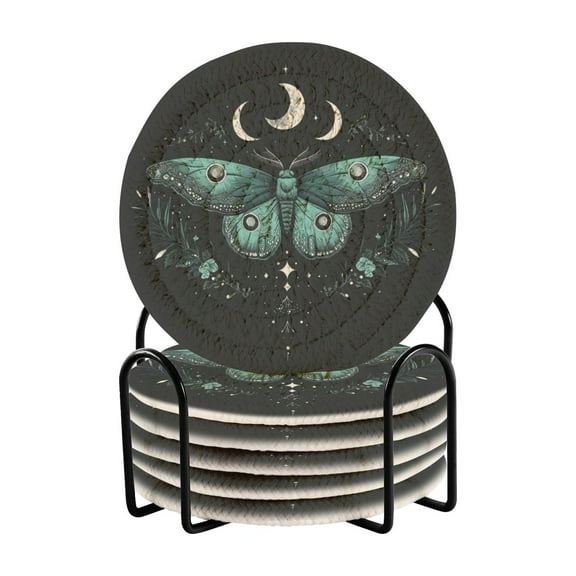Qxltty Green Moth Drink Coasters with Holder 6pcs Handmade Woven Simple Vintage Saucer Set