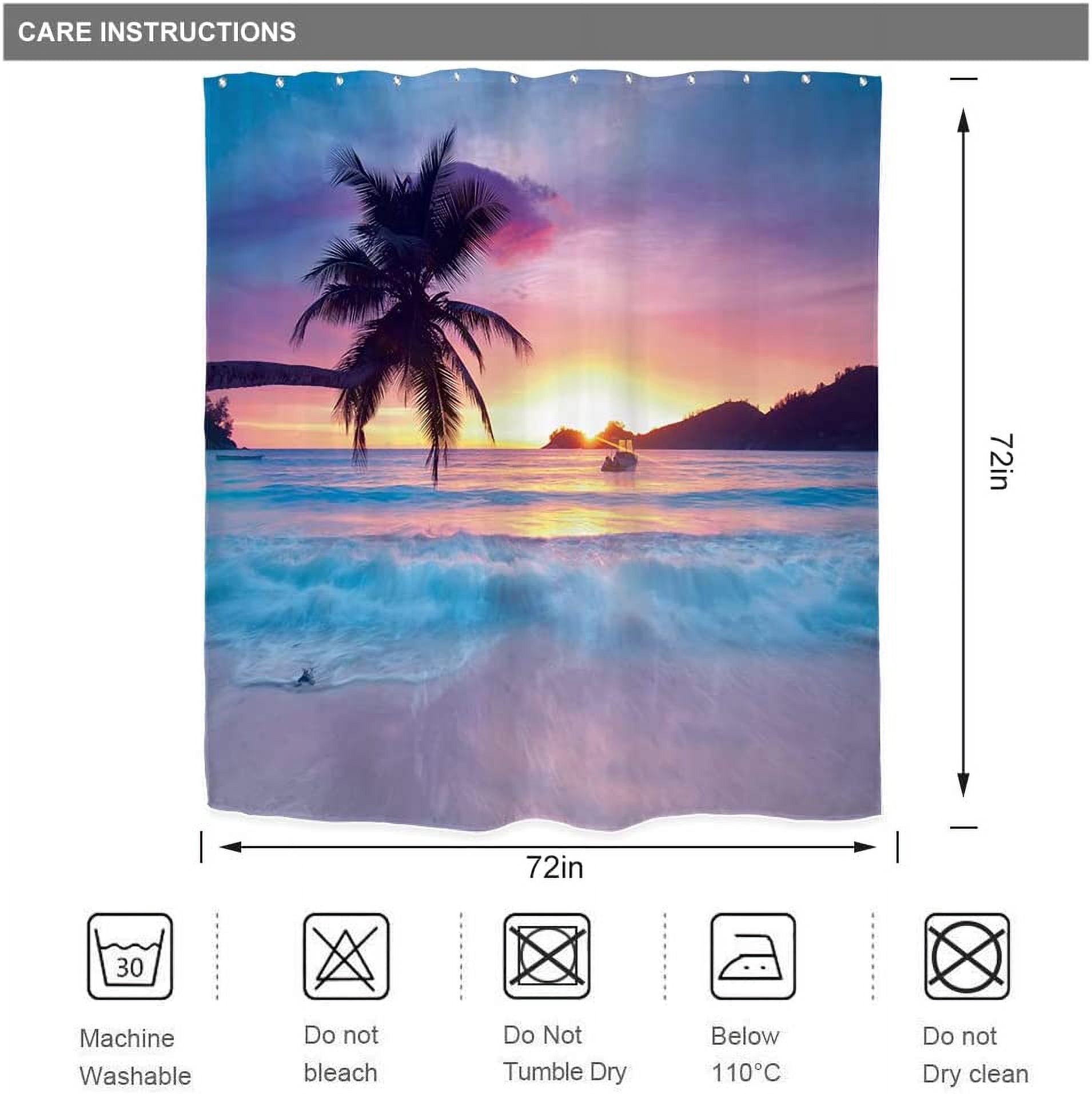 Beach Shower Curtain Ocean Sunrise Tropical Palm Tree Hawaiian Sunset Costal Scenery Sea Waves Summer Bathroom Home Decor Set Waterproof Polyester 72WX72H Inch 12 Pack Plastic Hooks WW-IHTB