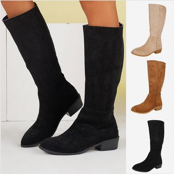WAVSUF Women's Mid Calf Suede Boots Soft Sole Round Toe Wide Width Winter Daily Chunky Boots Black 6