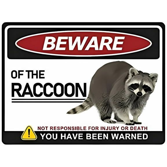 Raccoon Beware Warning Sign - 12×8 Inches, Metal, Home Outdoor Yard Fence Office Club Bar Wall Art Decor