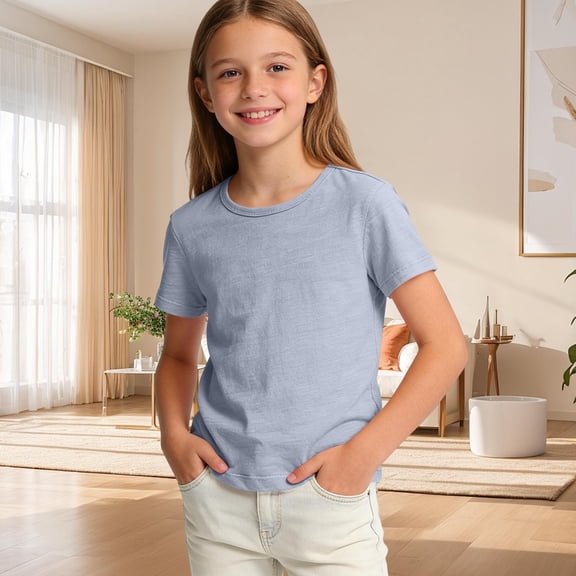 JOANKDMI Short Sleeve T Shirts Girls 7-8 Crewneck Solid Color Basic Tees Casual Summer Tops Youth Classic Fit Cotton Undershirts Daily Wear Active Play Tshirts