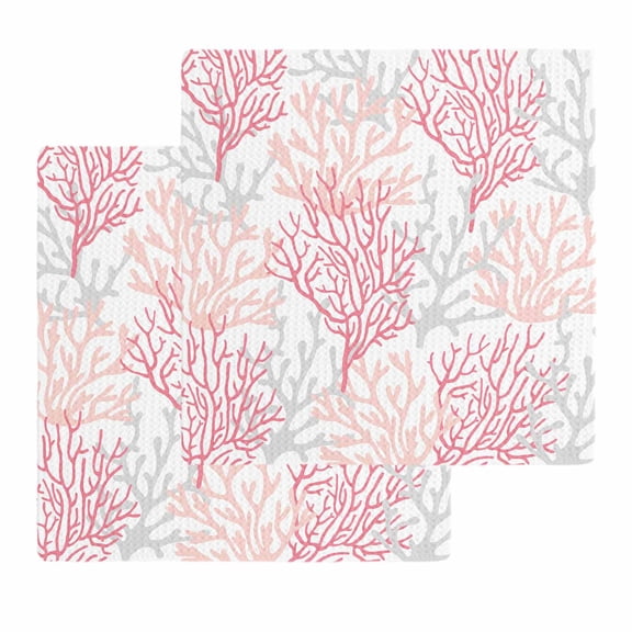 Pink Grey Coral Coastal Kitchen Dish Towels for Drying Dishes Set of 2, Summer Beach Seaside Nautical Waffle Weave Microfiber Hand Tea Bathroom Towels Quick Dry & Absorbent Towel 12x12