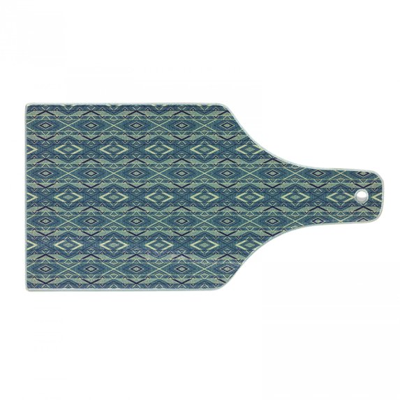 Geometric Cutting Board, Chevron Background with Folk Effects and Ikat Retro Display, Decorative Tempered Glass Cutting and Serving Board, Wine Bottle Shape, Earth Yellow Petrol Blue, by Ambesonne