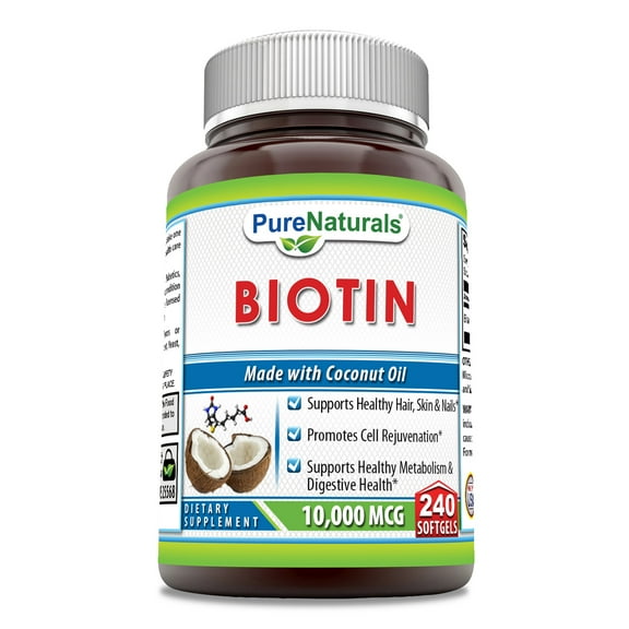 Pure Naturals Biotin with Extra Virgin Organic Coconut Oil 10000 Mcg Per Serving 240 Softgels Supplement | Non-GMO | Gluten-Free