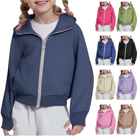 HomeDM Unisex Kids Zip Up Hoodies - Boys Girls Cropped Sweatshirts Casual Solid Color Jackets Trendy Fall Hooded Sweatshirts - Navy/9-10 Years