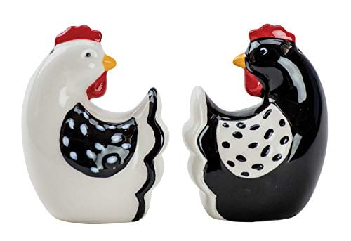 Hand painted ceramic black and white rooster salt and pepper shakers