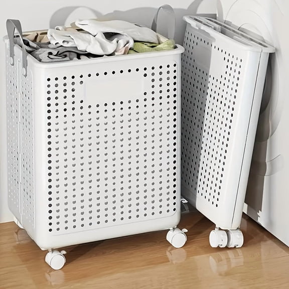 MOONXIAN White Laundry Hamper with Wheels, Breathable Perforated Foldable Clothes Storage Basket, 14.8×14×21.6 In Slim Dirty Laundry Bin for Bathroom Bedroom Laundry Room
