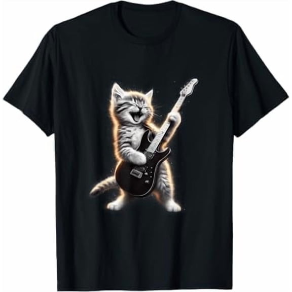 Greenink Funny Cat Playing Guitar Rock Star Rock and Roll for Men Women T-Shirt Crew Neck Short Sleeve Tees