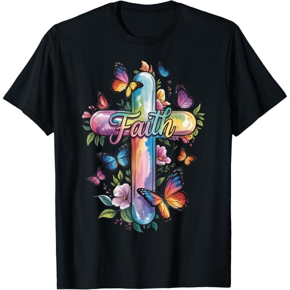 Faith Cross Butterflies Floral Religious Christ Flowers T-Shirt