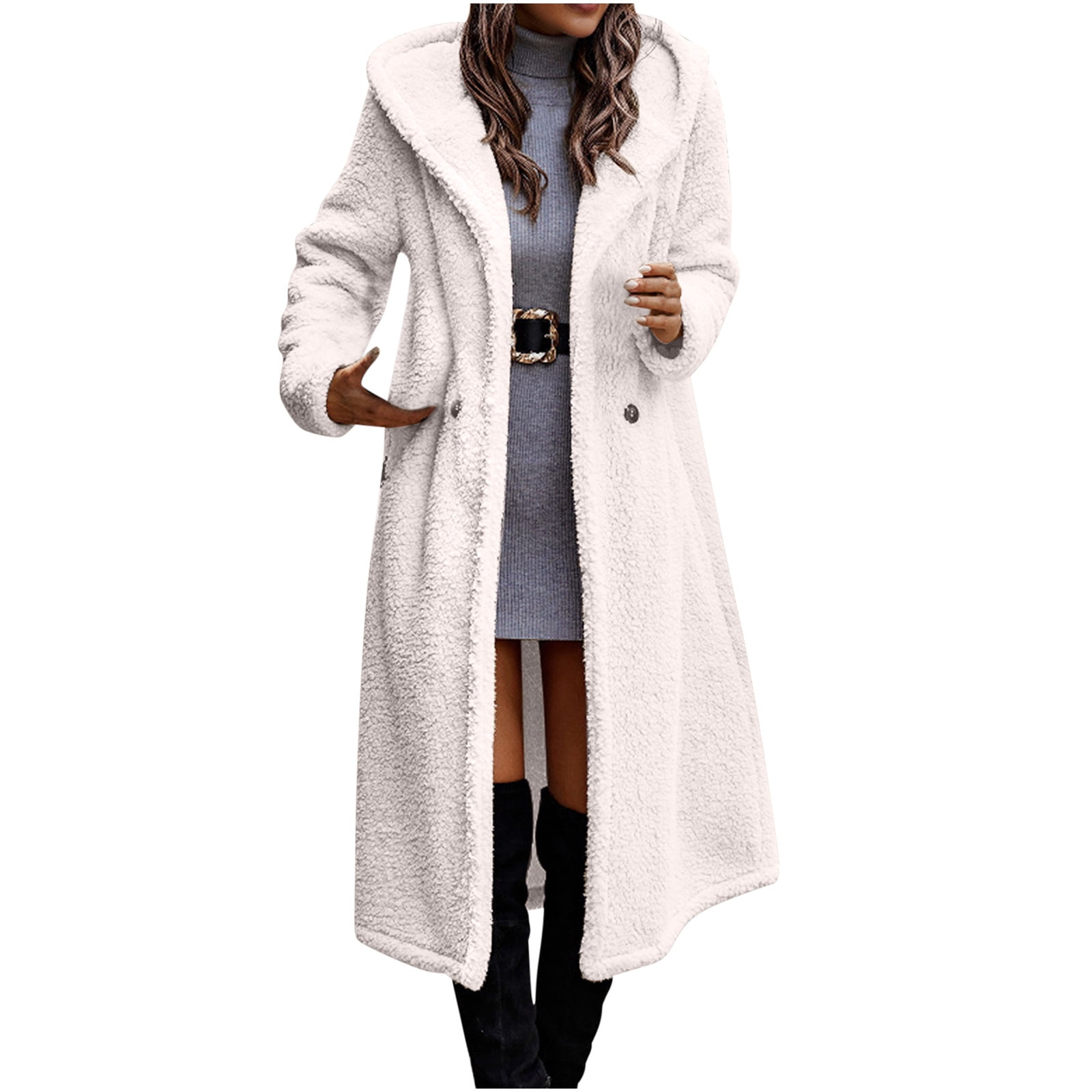 jsaierl Women's 2025 Winter Coats Fuzzy Fleece Long Hooded Jackets Button Down Faux Fur Warm Outwear with Pockets