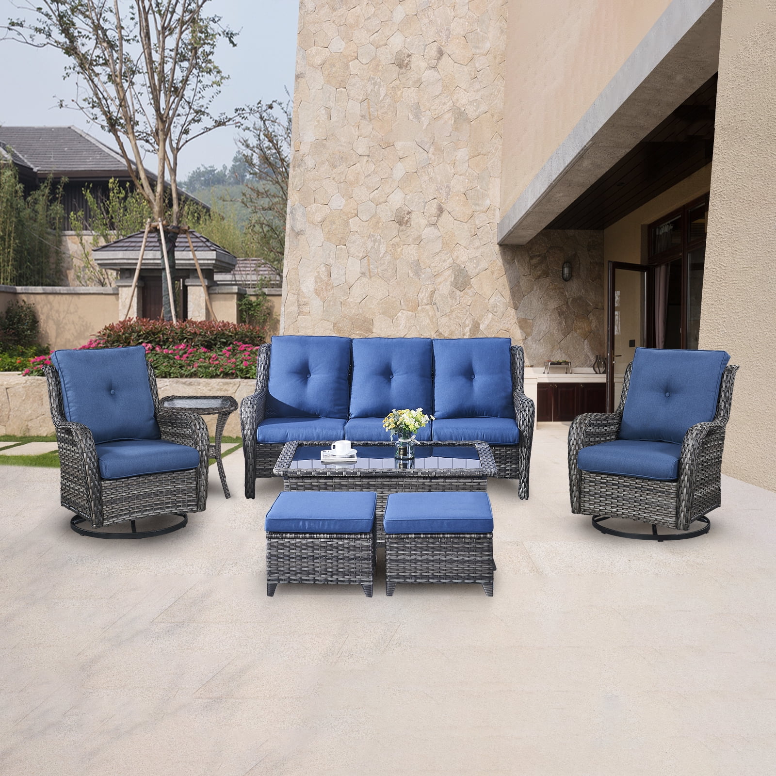 POCASSY 7-Piece Wicker Patio Furniture Set with Sofa, Swivel Chairs, and Tables, Gray/Blue