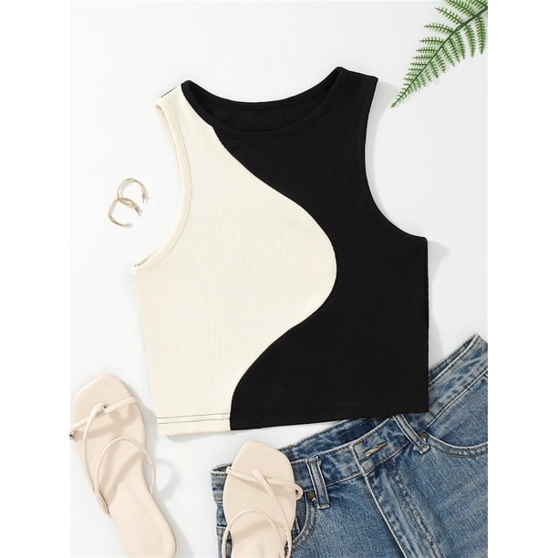 Camiseta sin mangas de retales de estilo pijo para mujer, Tops cortos ajustados sin mangas con cuello redondo de verano, ropa de calle Y2K, camiseta para bebé Tan Jianjun unisex