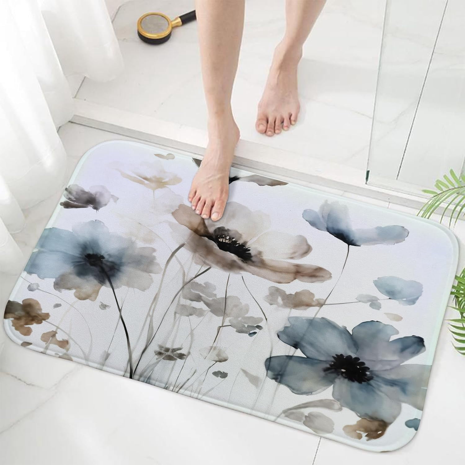 Boho Floral Bath Mat Rug for Bathroom, Cream Tan Beige Blue Grey White Watercolor Flower Bathroom Floor Rugs Mats Non Slip Kitchen Indoor Decor Decoration Accessories 17X29 Inches