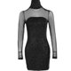 thumbnail image 1 of Women's Glitter Slim Dress High Neck Mesh Contrast Sleeve Elegant Body-con Pencil Dress, 1 of 3