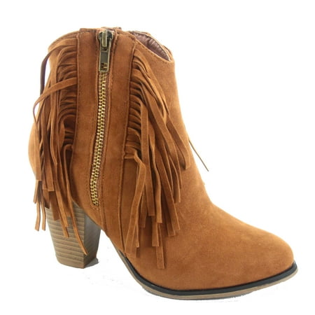 

Camila-83 Women s Fashion Almond Toe Fringe Trim Lace Up Chunky Heel Ankle Booties