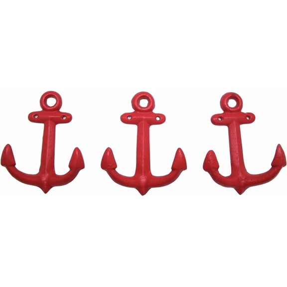 Wowser Brands Red Cast Iron Ship Hanging Anchor Wall Hooks, Set of 3, 6 inches, Towels, Coats, Wall Mounting