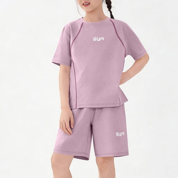 Amidoa Girls Summer Outfits Short Sleeves T-Shirts and Kids Summer Casual Short Clothing Set Purple Size 5T