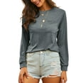 thumbnail image 3 of UKAP Women Tee Long Sleeve T Shirt Solid Color T-shirt Loose Work Tops Gray L, 3 of 5