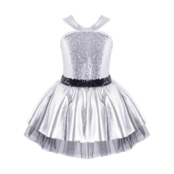 CHICTRY Girls Shiny Sequins Tutu Dress Skirted Leotard Ballet Dancewear Silver 4