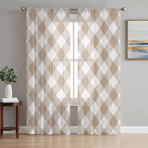 Minimalistic Checkered Beige Rural Style, Semi Sheer Curtains 63 Inch Length 2 Panels Set, Sheer Kitchen Curtain Privacy Voile Window Curtain for Living Room Bedroom Rod Pocket Drapes
