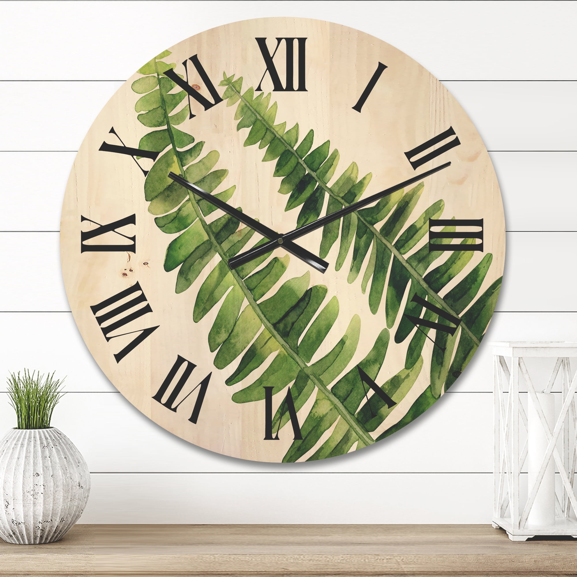 Designart 'Fern Plant Leaves Detail I' Farmhouse Wood Wall Clock