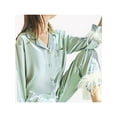 thumbnail image 3 of Women Silk Satin Pajamas Set Button Down Long Sleeve Sleepwear Feather Trim Nightwear Loungewear Pj Set, 3 of 6