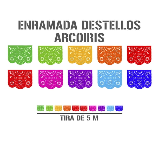 Papel picado | Guirnaldas | enramado | 5 tiras de 5 metros | diseño de destellos de arcoiris con colores vibrantes colores diferentes | decoración de plastico picado