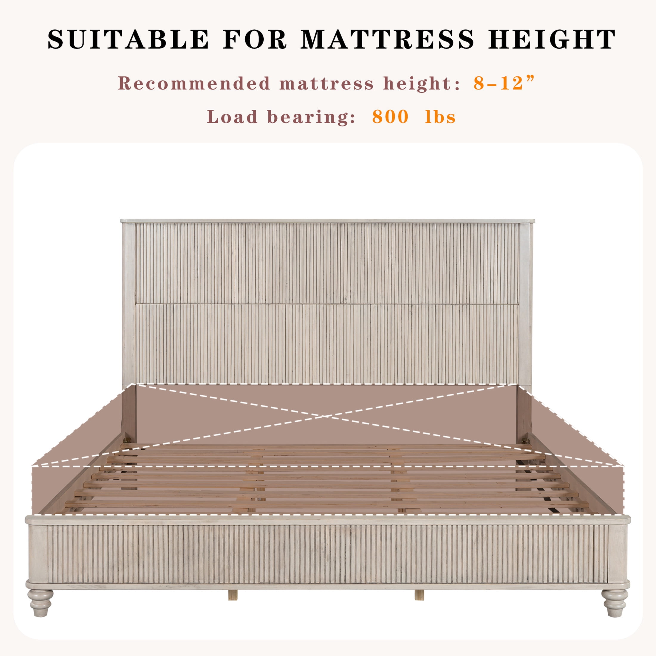 GDF Studio King Size Solid Wood Platform Bed with Tall Headboard, No Box Spring Needed, Beige