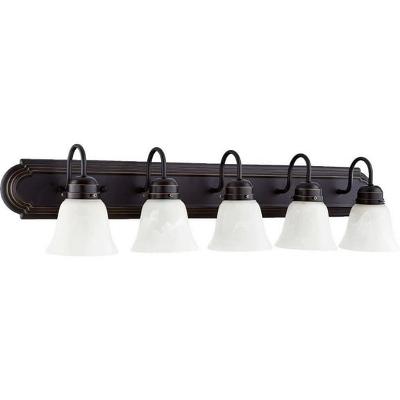 5-Light Bathroom Light with Clear Seeded Bell-Shaped Glass Shades with Oiled Bronze Back Plate 36 inches W  8 inches H-Old World Finish-Fau Alabaster