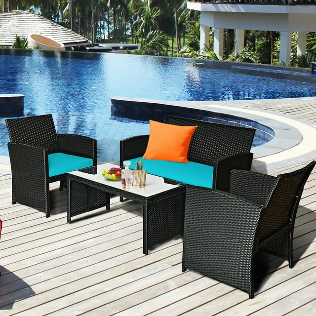 Costway Ensemble de Conversation en Rotin pour Patio 4 Pcs Coussin Canapé Table Jardin Turquoise