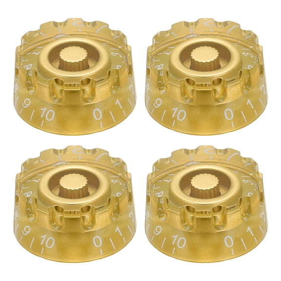 Uxcell 4pcs Electric Guitar Knobs Gold Speed Volume Tone Control Knob 1.02x0.54 inch Guitar Adjust Knobs Caps for Electric Guitar Parts Replacement (Gold-White Word)