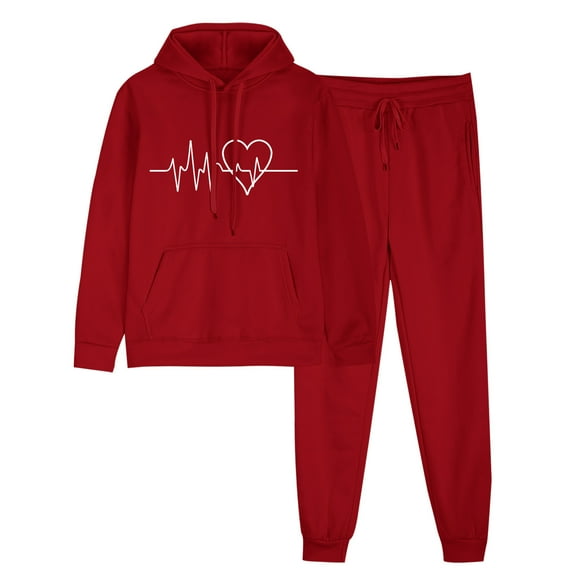 successthop 2 Piece Lounge Set Women Long Sleeve Hoodie and Jogger Sweatpant Heartbeat Fall Streetwear with Pocket