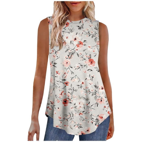 Women's Floral Tank Tops Crew Neck Sleeveless Irregular Hem Tunic Blouse Summer Casual Outfits Loose Fit (XL, Khaki)