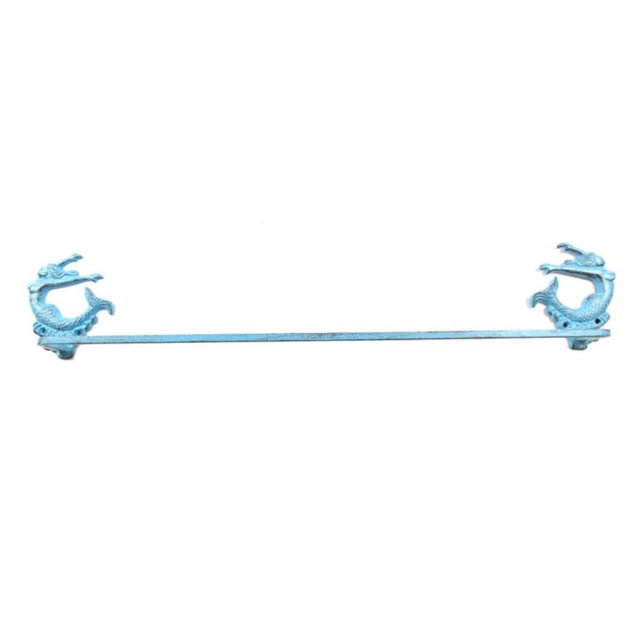 Rustic Light Blue Cast Iron Decorative Arching Mermaid Bath Towel Holder 28"