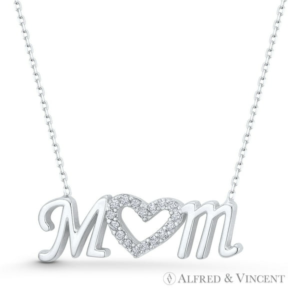 "Mom" Script & Heart Charm Cubic Zirconia CZ Crystal Pave Pendant in .925 Sterling Silver w/ Rhodium w/ Rhodium