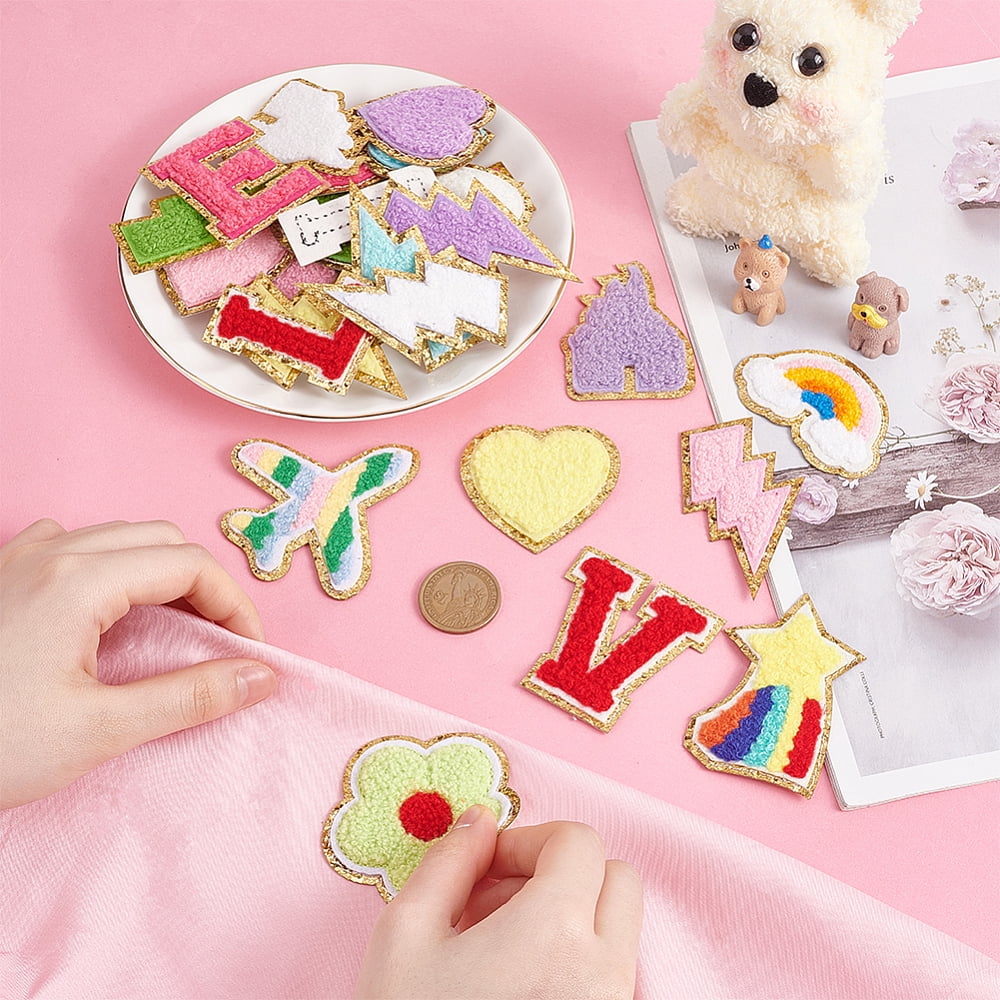 42pcs Chenille Patches Chenille Iron on Embroidered Patches Cute Self Adhesive Letter Patches Heart Patches Stick on Fabric Patches