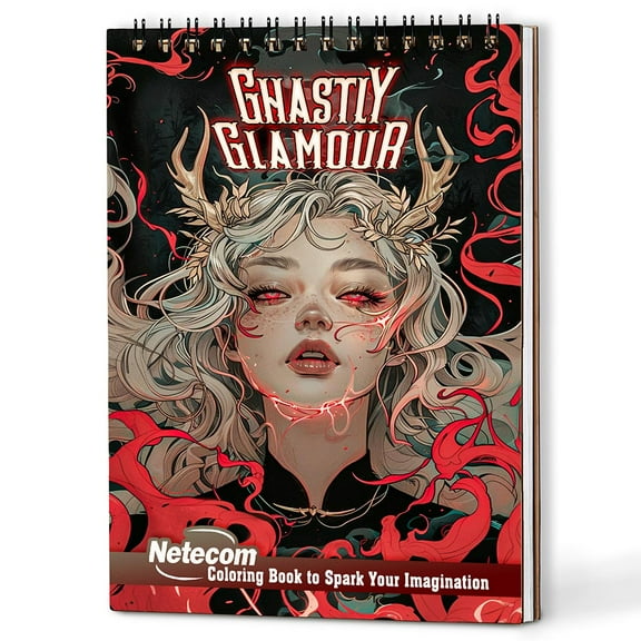 Netecom Ghastly Glamour Coloring Book Spiral Bound for Adults, A5 Wooden Cover, 30 Alluring Coloring Pages of Femme Beauty Horror for Stress Relief and Relaxation