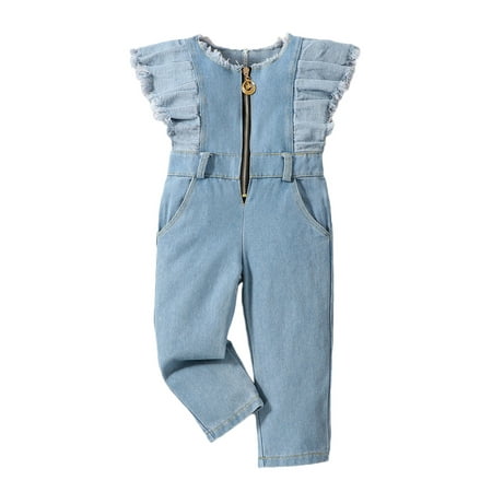 

aturustex Toddler Kids Girl Denim Romper Cute Ruffle Fly Sleeve Zip Up Jumpsuits Summer Casual Jeans Overalls Playsuits Blue