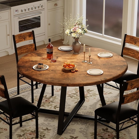 Round Dining Table Set for 4, 5 Piece Circle Wooden Kitchen Dinner Table & Chairs Set for 4, w/ 4 Unpholster Chairs, Sturdy Thick Frame, for Kitchen, Apartment, Small Space, Retro Brown