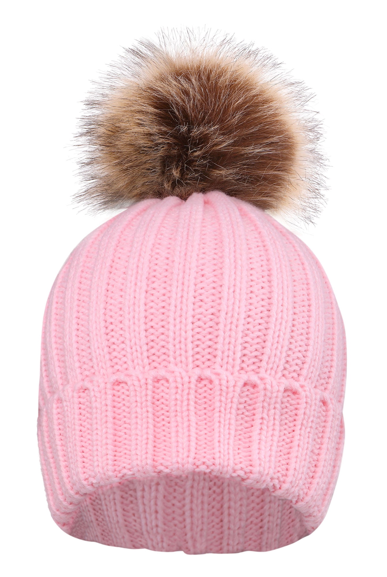 Cute Fluffy Fur Pompom Knit Winter Beanie Hat,Pink