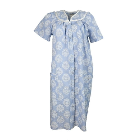 

Elegant Emily Women s Snap-Front Duster Robe With Pockets - Blue & White Damask - Small