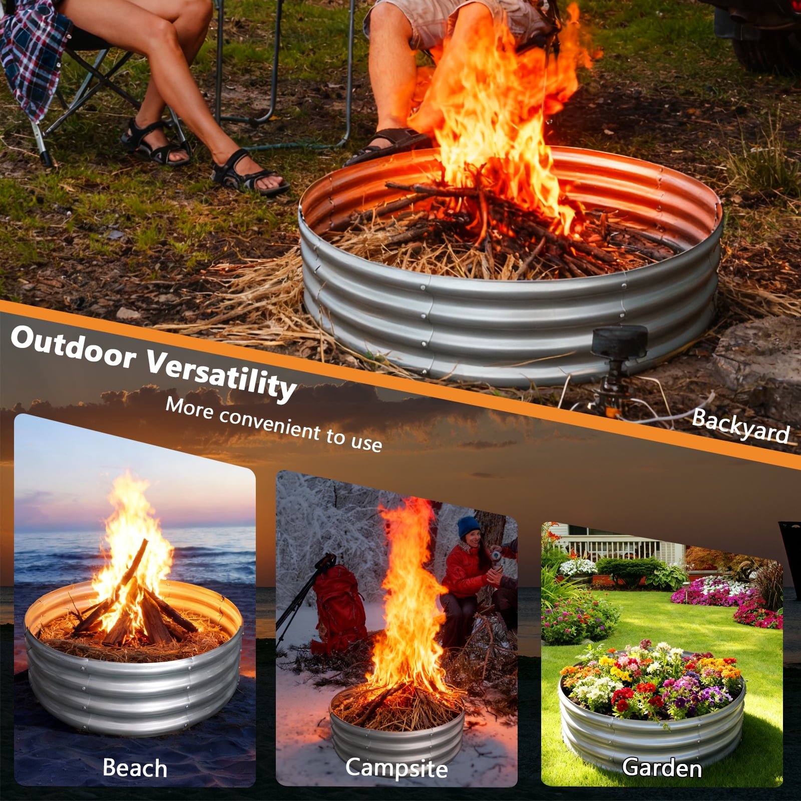 Jacgood 3FT Diameter Camp Fire Ring Pit, Large Round Galvanized Steel Fire Pit, Heavy Duty Steel Fire Pit Silver for Backyard, Camping, Bonfire，35in Diameter