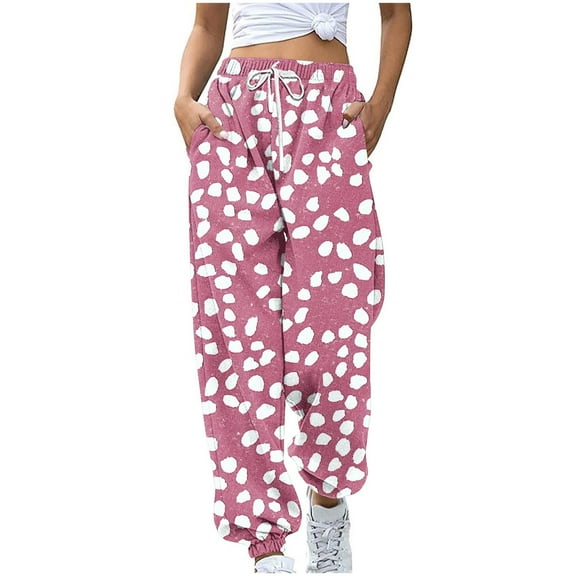 Women's Sweatpants Elastic Waist Drawstring Graphic Printed Casual Baggy Wide Leg Jogger Sweatpant with Pockets (XL, Pink)