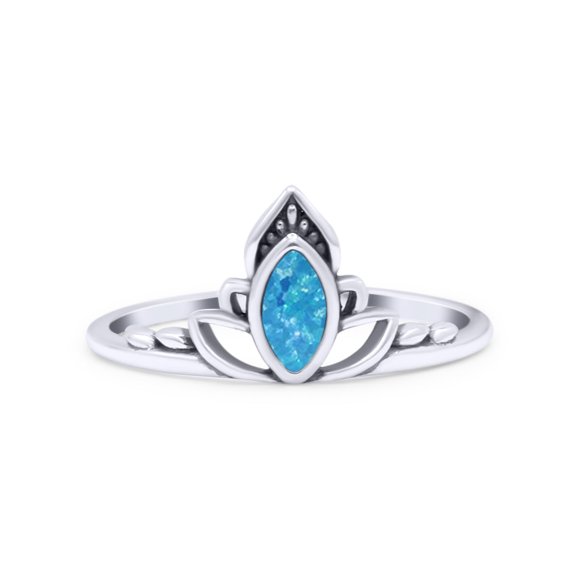 Marquise Petite Dainty Thumb Ring Oxidized Lab-Created Opal Ring 925 Sterling Silver Size 7