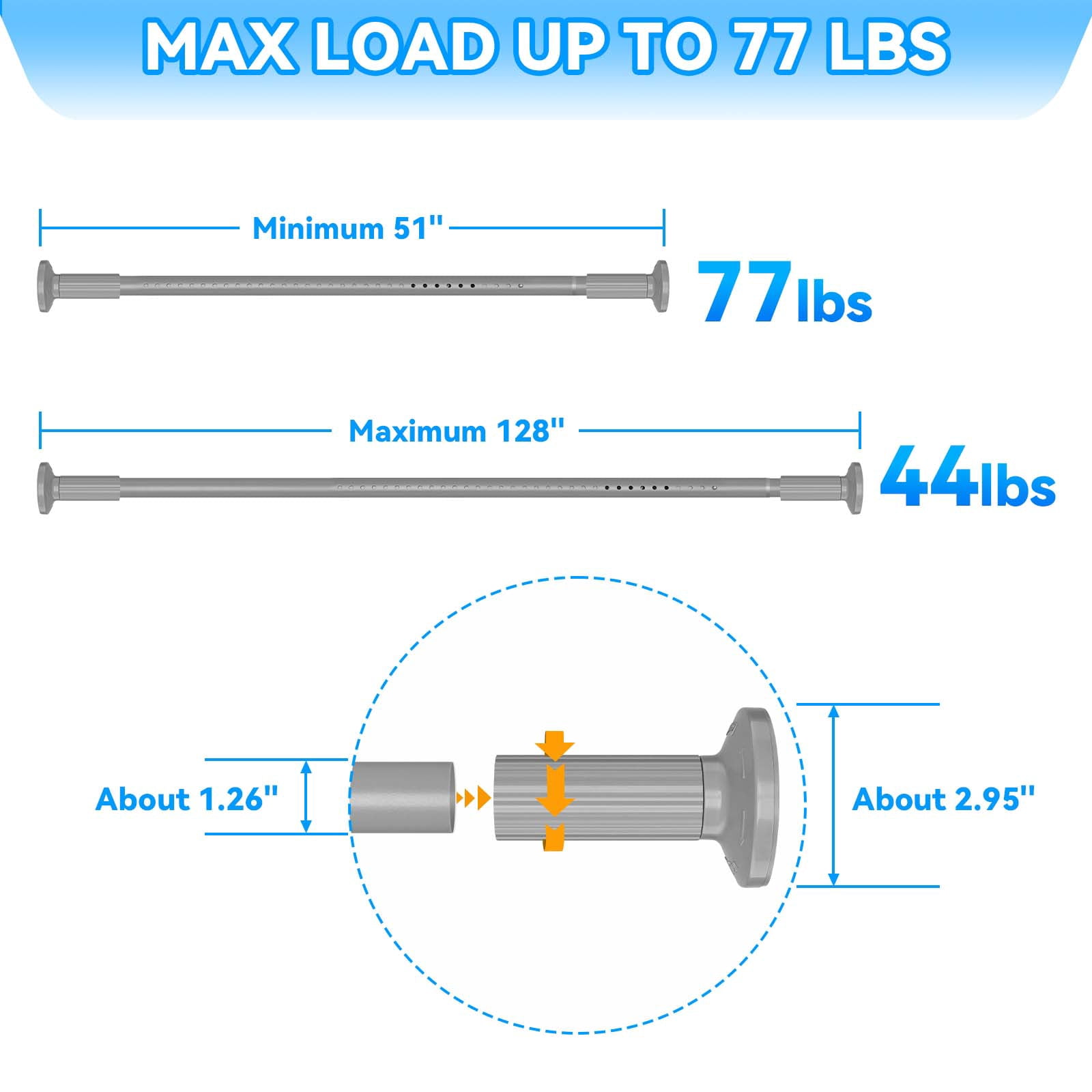 Ktinnead Tension Curtain Rod 129-148in,Extra Long Curtain Rods No Drilling for Window Bathroom Patio,Adjustable Spring Shower Curtain Rod,Easy to Install Never Rust,Rod Diameter 1.26in-Gray