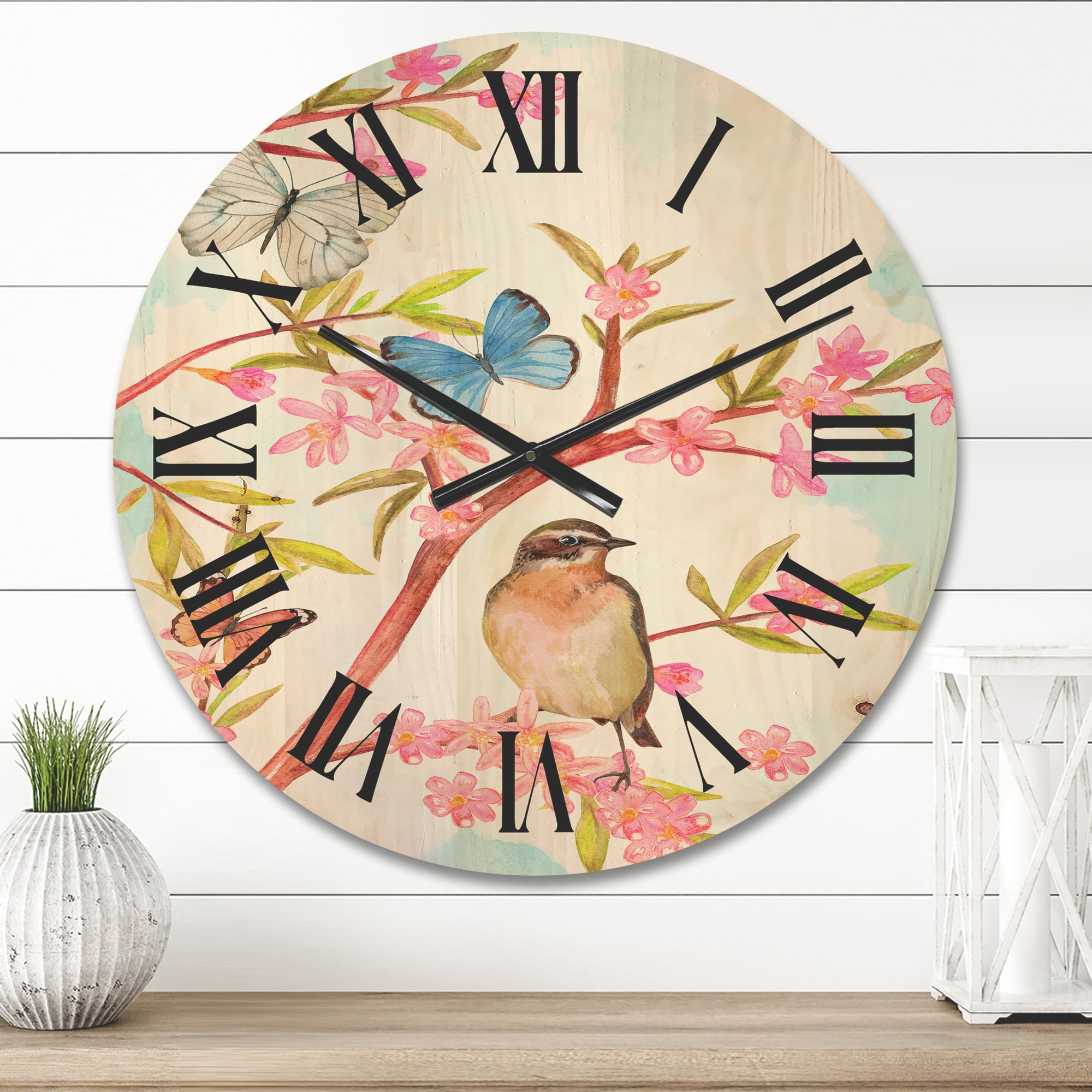 Designart 'Clever Bird Sitting On Branch of A Spring Tree With Butterflies' Traditional Wood Wall Clock