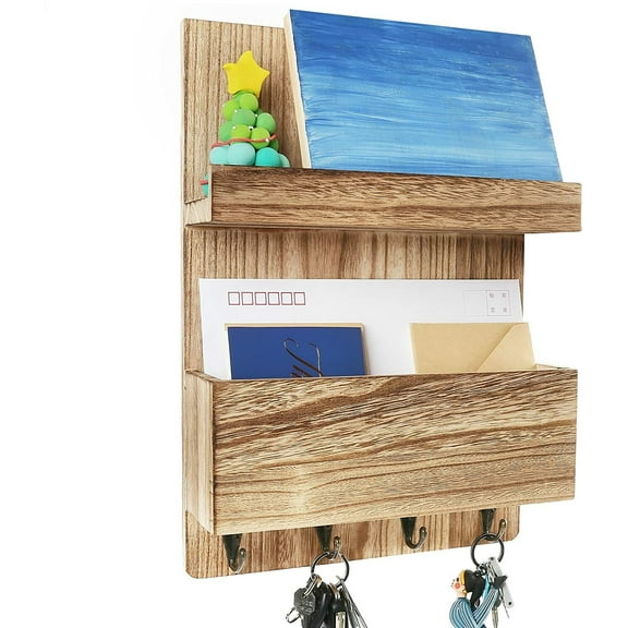Mail Holder Wall Mounted Mail Organizer Key Hooks Wood Mail Sorter Home Decor