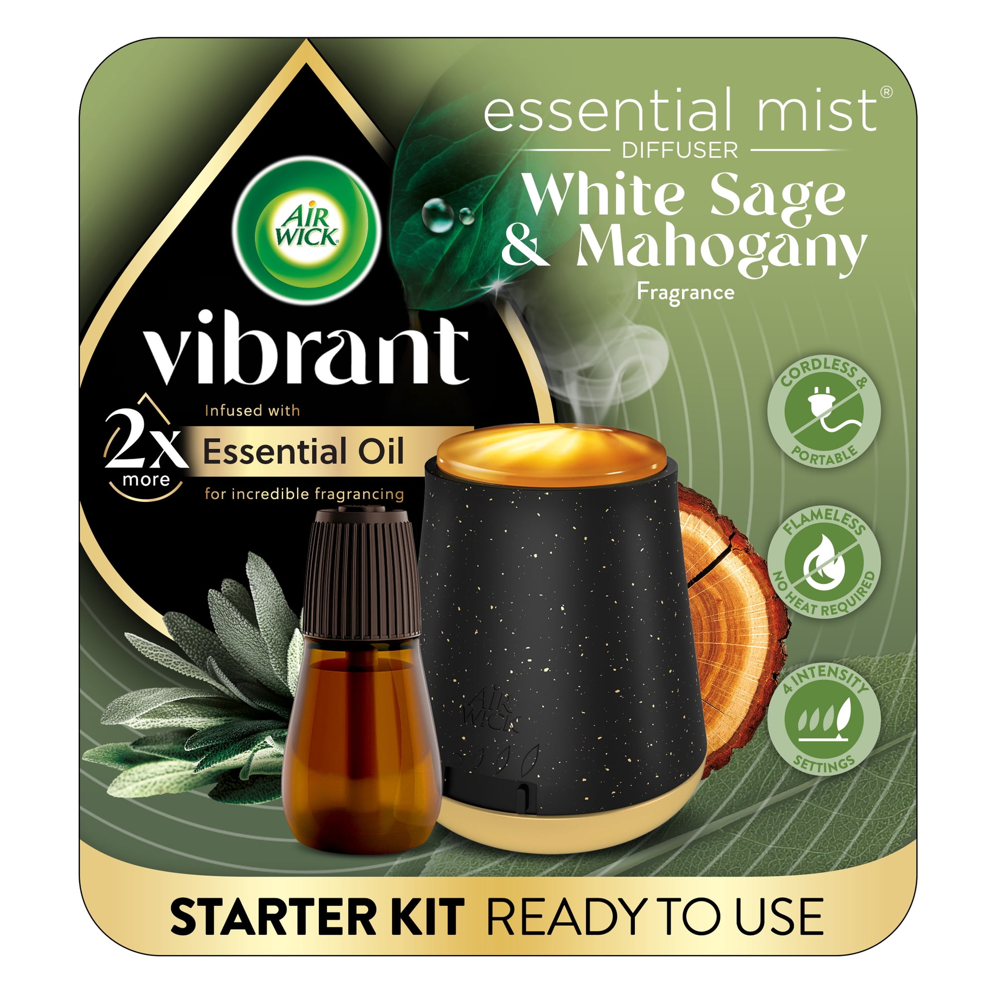 Air Wick Essential Mist Vibrant Scented Oil Cordless Diffuser Starter Kit, White Sage & Mahogany, 2 Piece