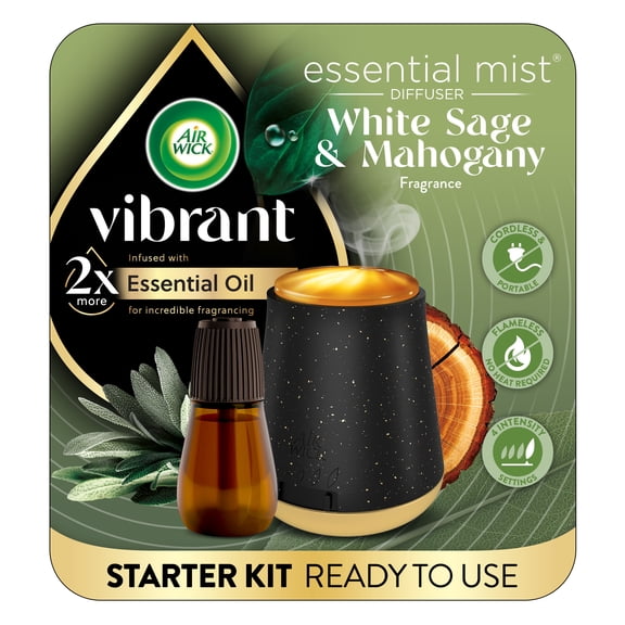 Air Wick Essential Mist Vibrant Scented Oil Air Freshener Diffuser Starter Kit, White Sage and Mahogany, 2 Piece