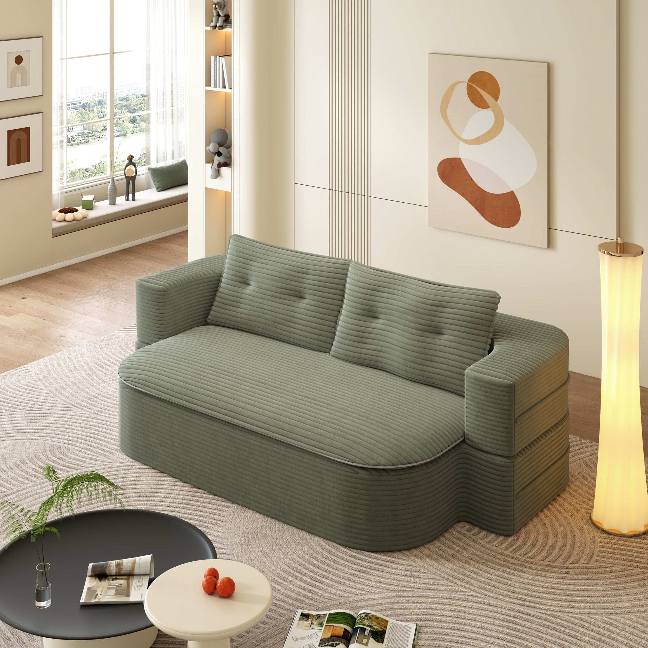Noble House 79" Corduroy Convertible Floor Sofa Bed with Built-in Functional Blanket, Soft Pillows Sofa Couch, Coffee